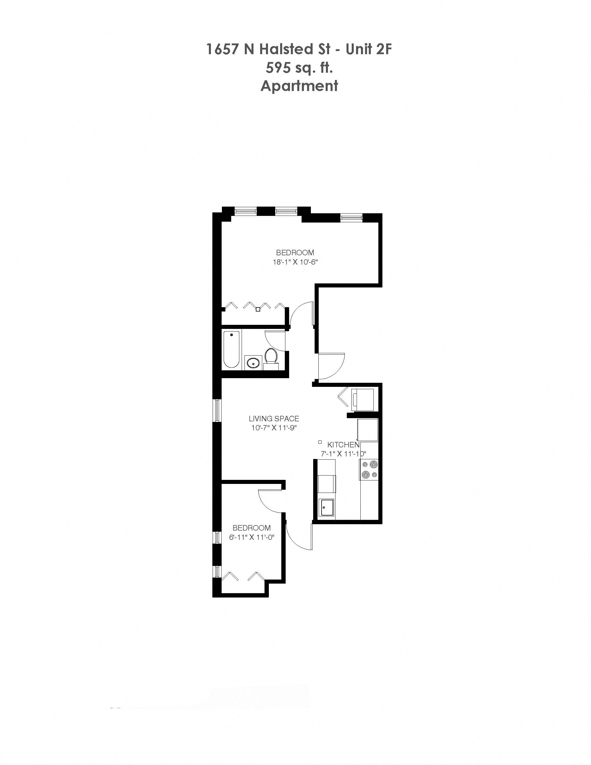 Floor plan for 2 beds, 1 bath, 595 sqft